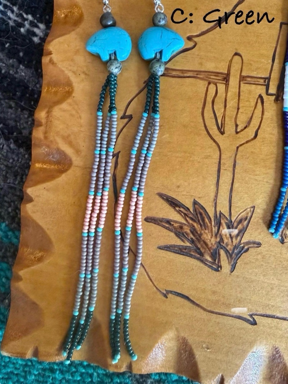 Handmade Beaded Zuni Bear Fringe Earrings|Native American - Picture 6 of 11